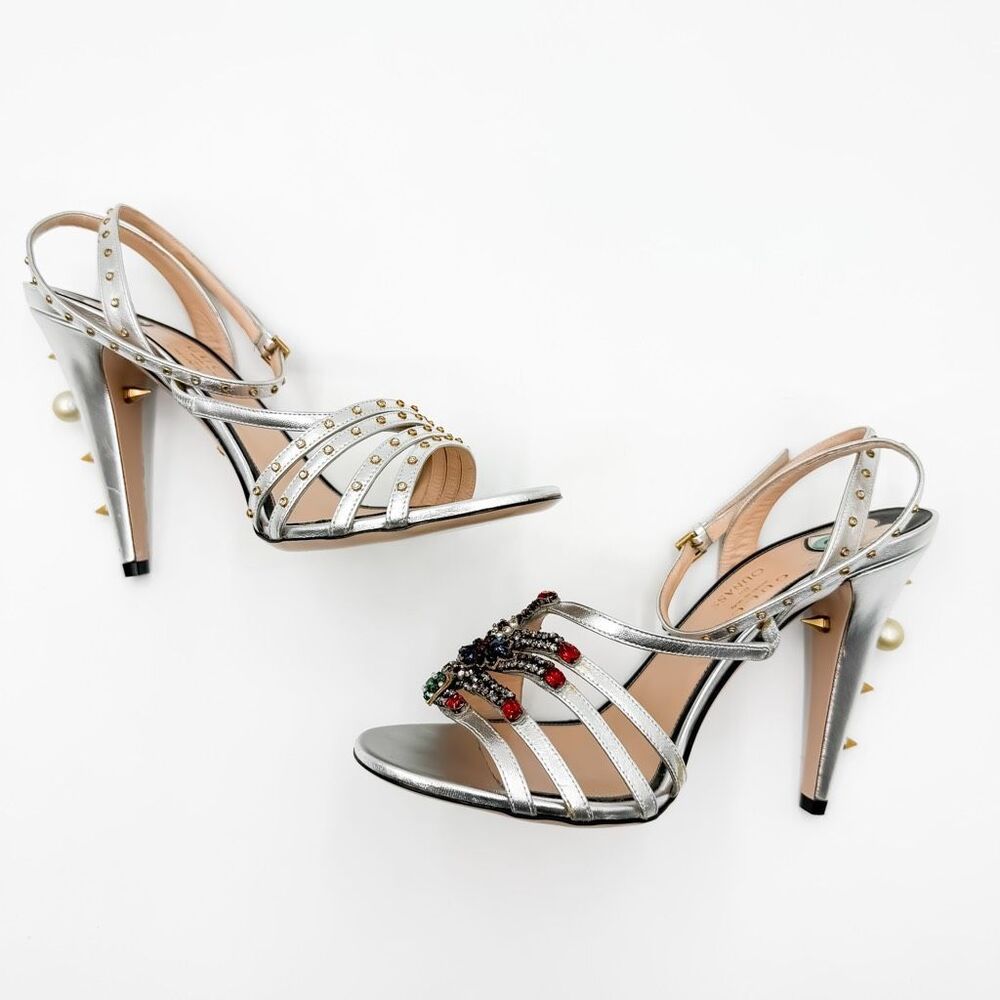 Gucci GG Wangy Crystal Embellished Silver Spike Studded Heels New EU 41 US 11 - Picture 9 of 15